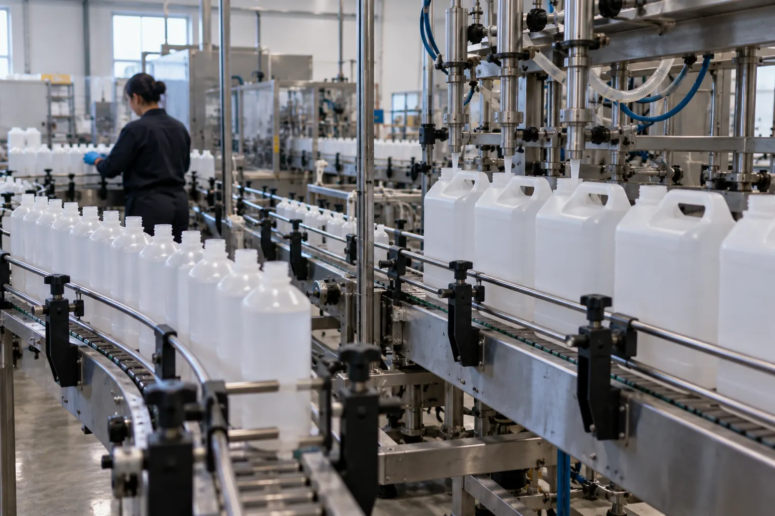 Unlabeled cleaning chemical bottles and jugs on a filling line