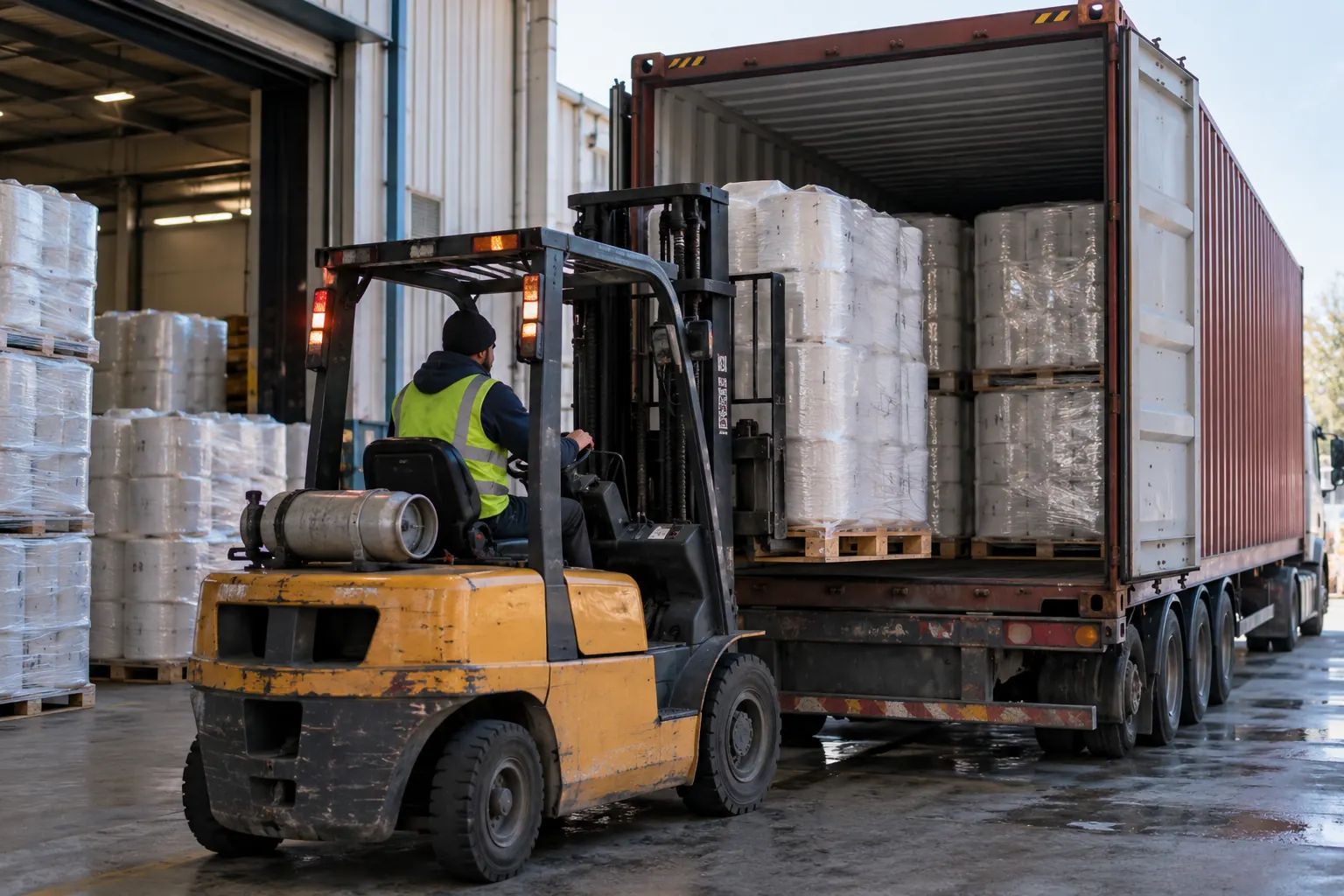 Forklift loading wrapped pallets of tissue into a 40 foot container