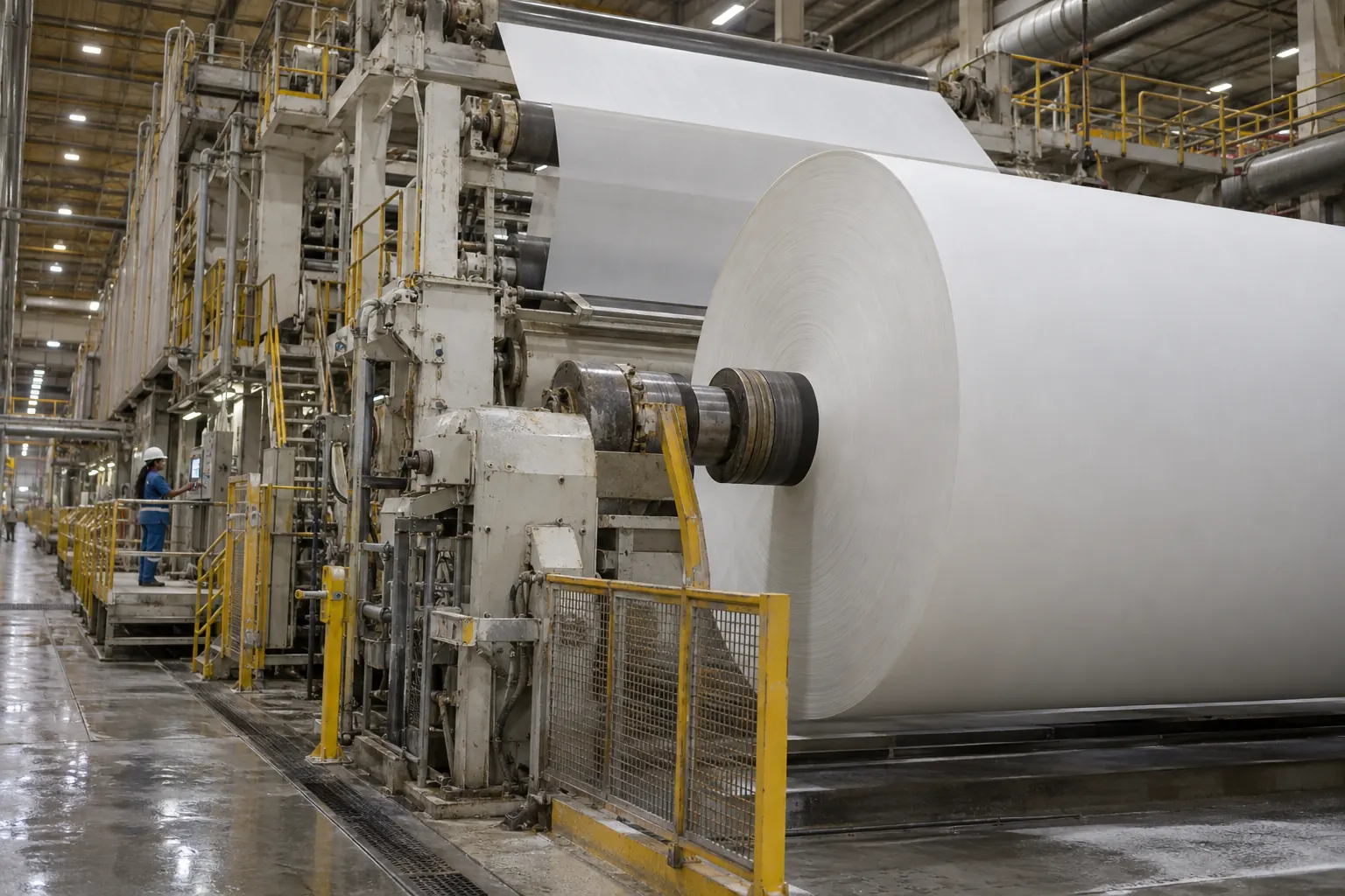 Parent reel of white tissue coming off the paper machine in a tissue mill
