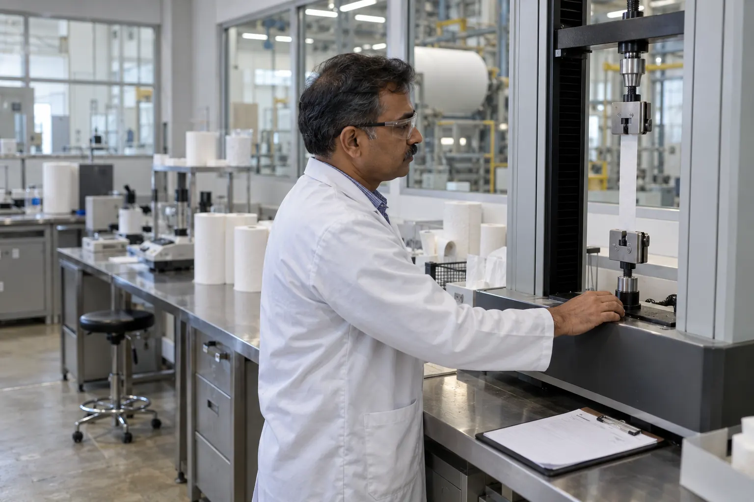 Technician testing tissue tensile strength in a mill laboratory