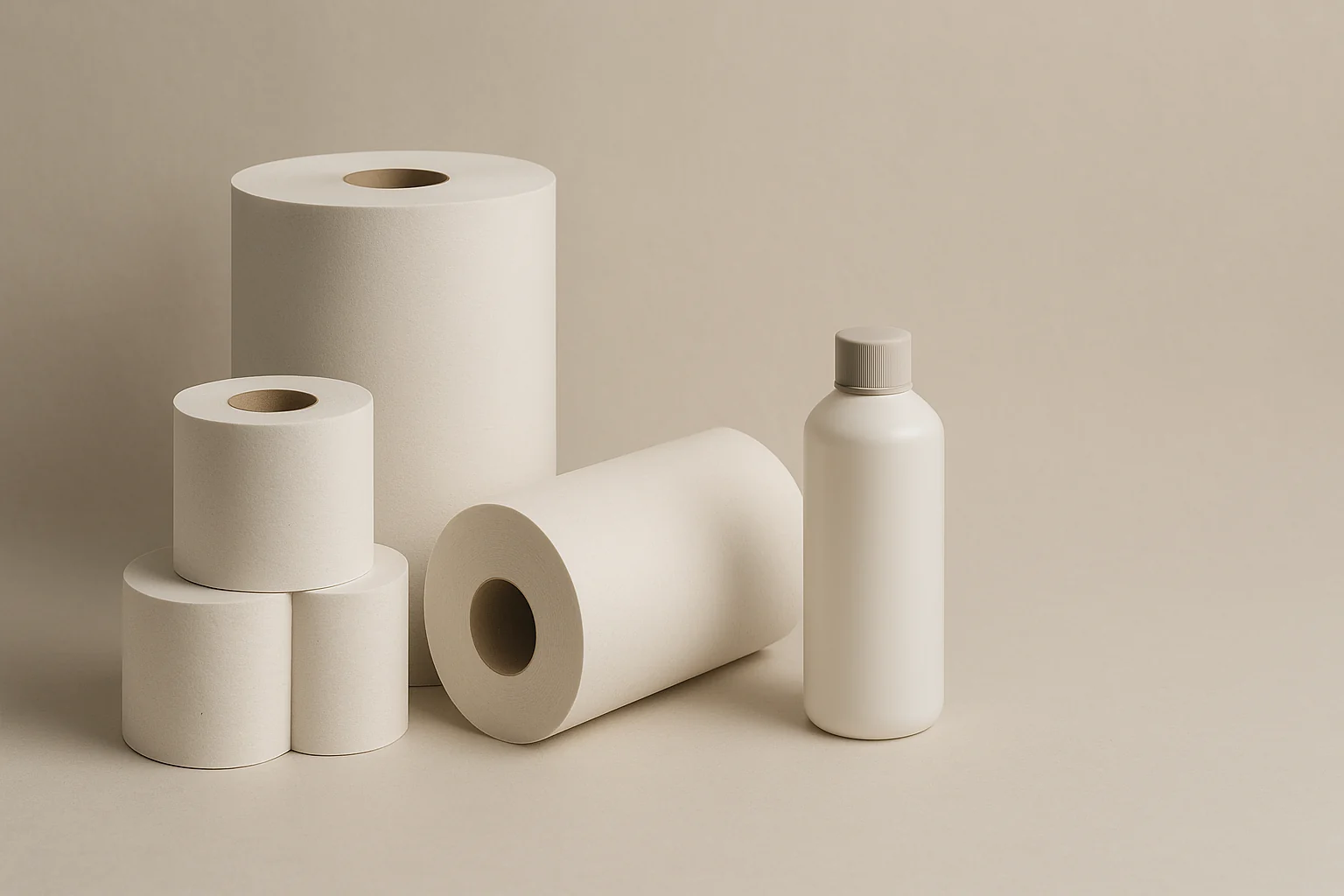Unbranded hygiene paper rolls and a plain cleaning chemical bottle on a neutral backdrop