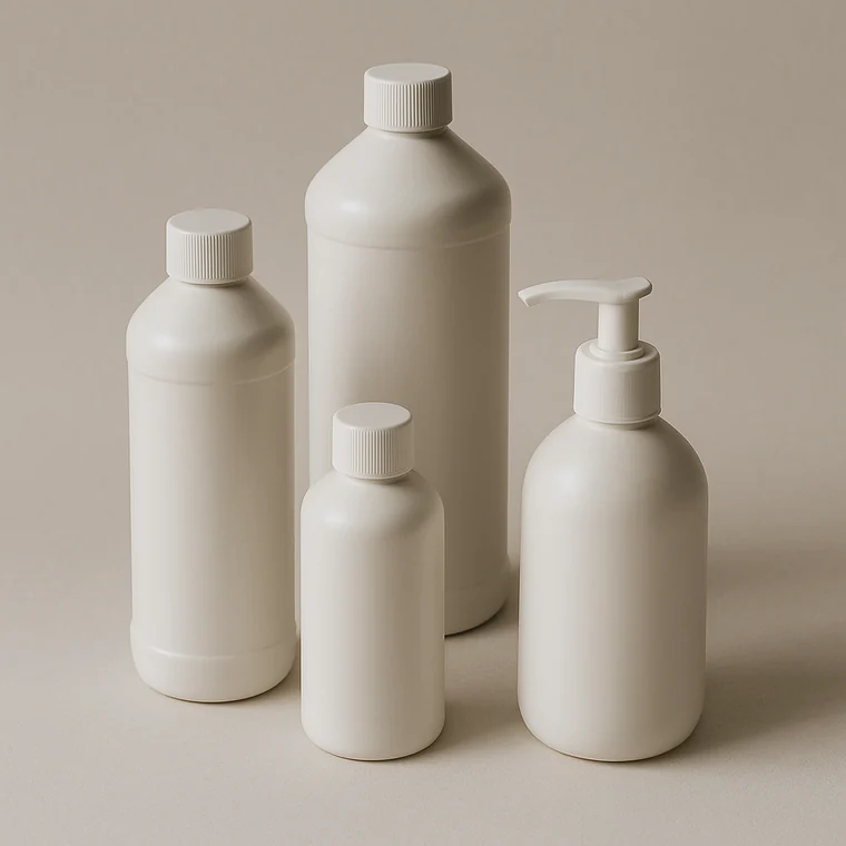 Plain white unlabelled cleaning chemical bottles