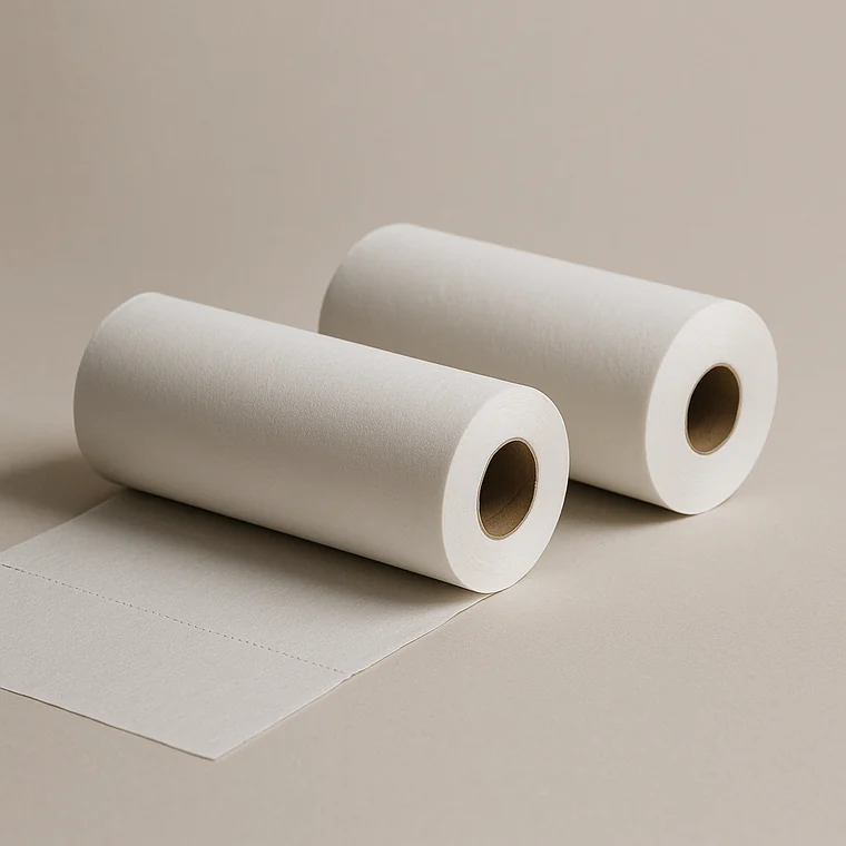 Plain white medical couch rolls, one partly unrolled