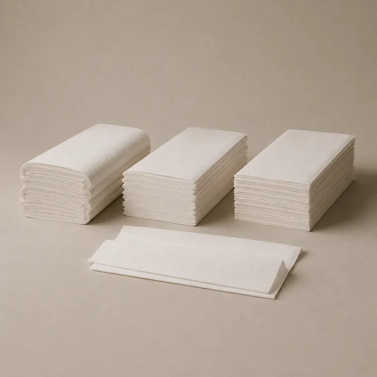 Stacks of plain white folded paper hand towels in three folds