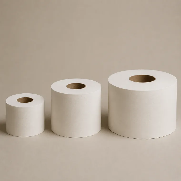 Three plain white jumbo toilet rolls in ascending sizes