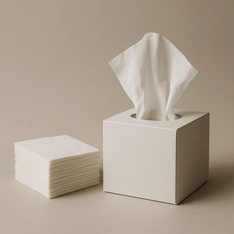 Stack of plain white napkins beside a facial tissue carton