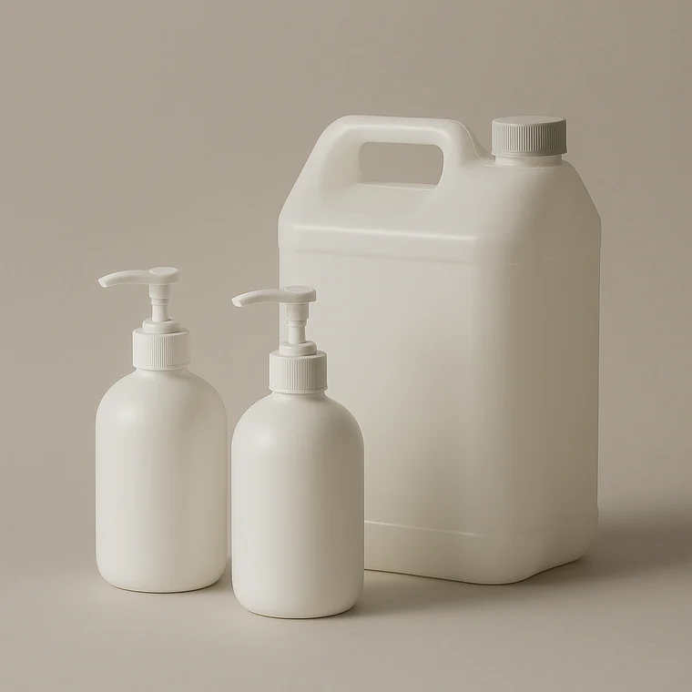 Plain white pump bottles and a bulk refill container